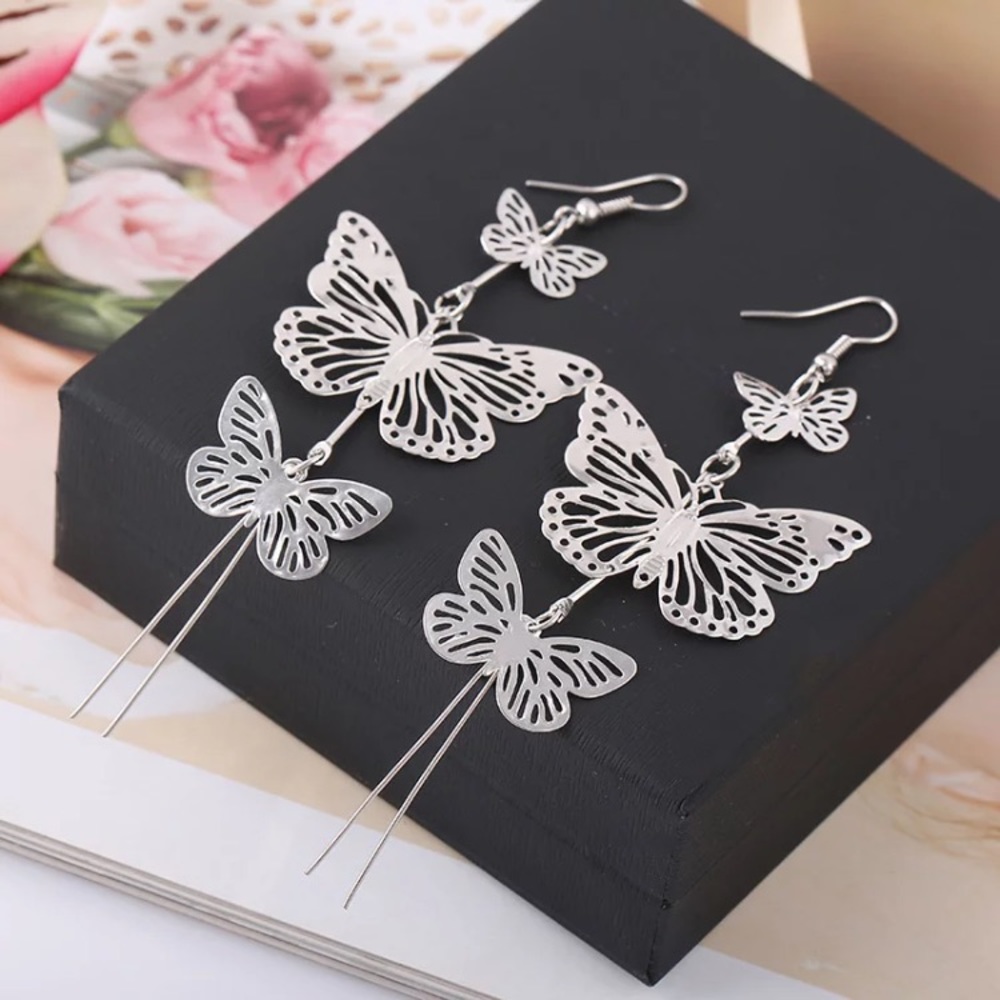 Long Butterfly Silver Tone Earrings